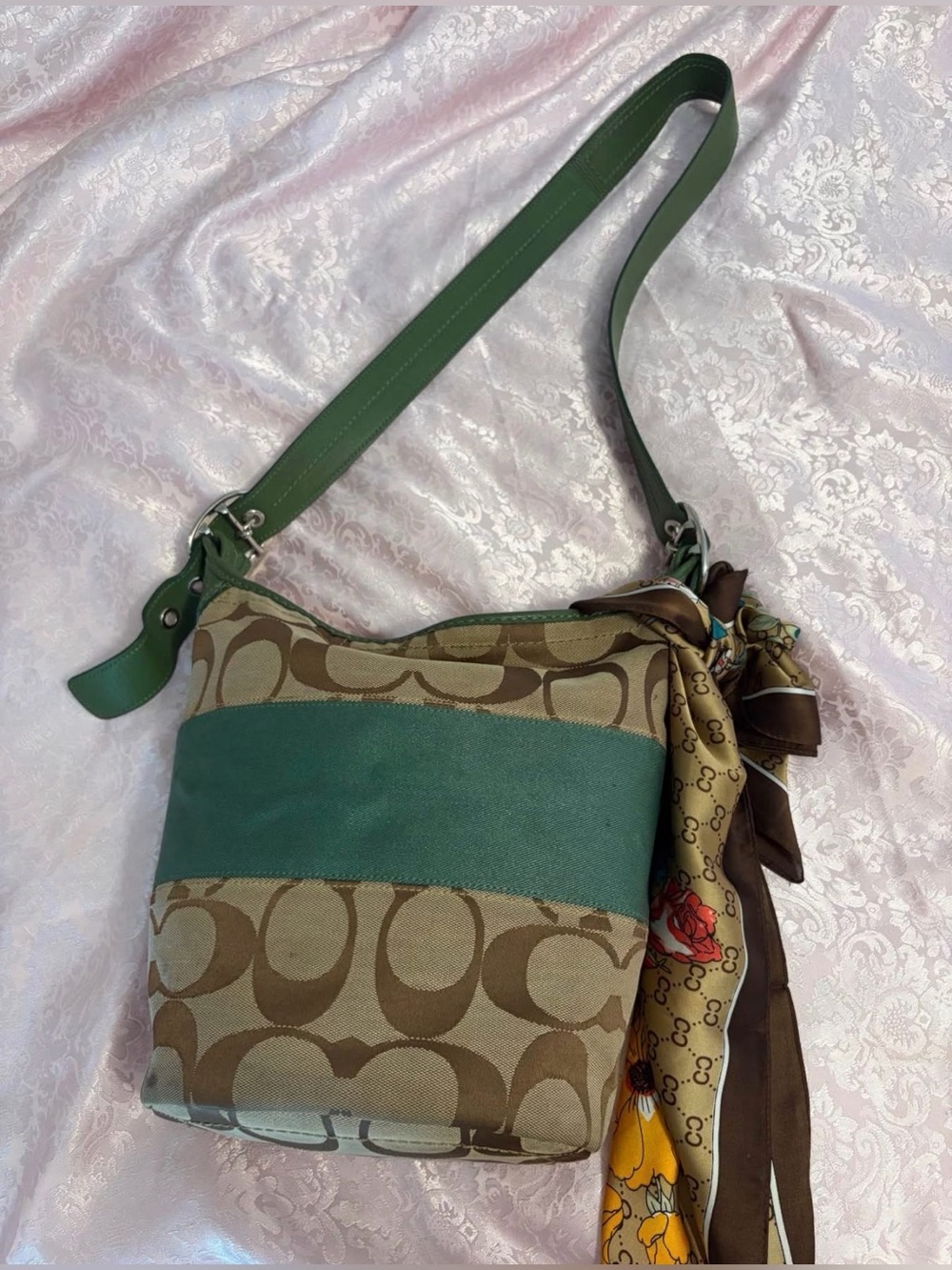 Coach Tan Signature Canvas Shoulder Bag with Green Leather Stripe